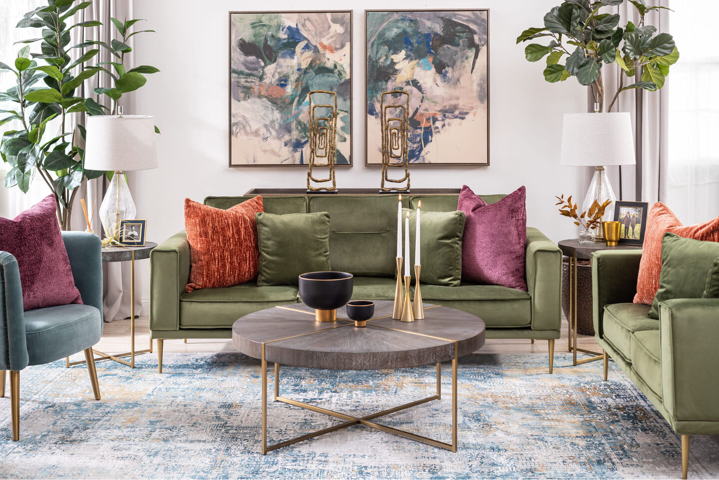 Ashley Macleary Green Velvet Sofa in Modern Eclectic Living Room